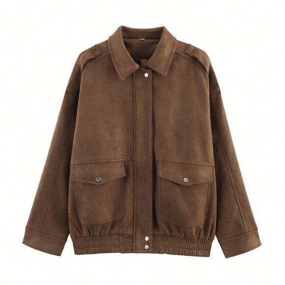 Brown Casual Women's Zip  upfaux Suede Bomber Jacket Coat - Picture 3 of 8